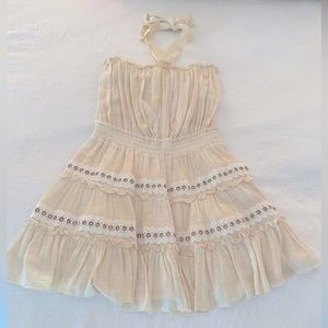 Misa linen cream fit and flare mini dress with halter tie